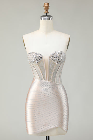 Sparkly Golden Strapless Sequins Bodycon Corset Homecoming Dress With Beading